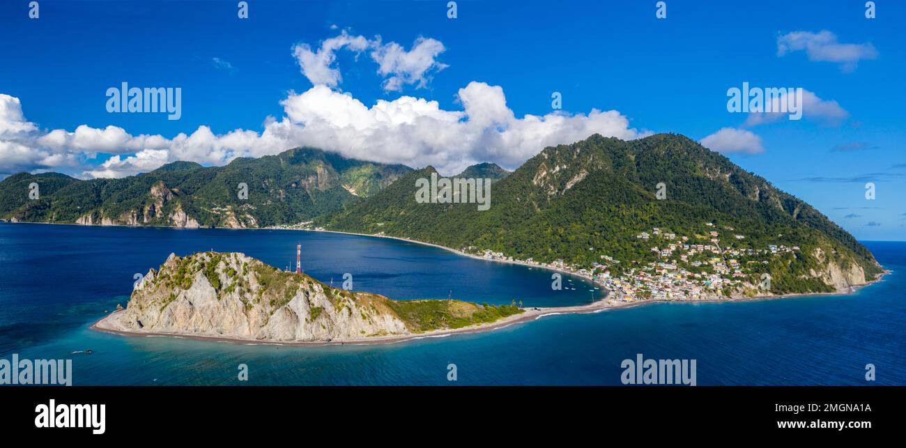 Panoramic aerial view of the small peninsula with a rising headland