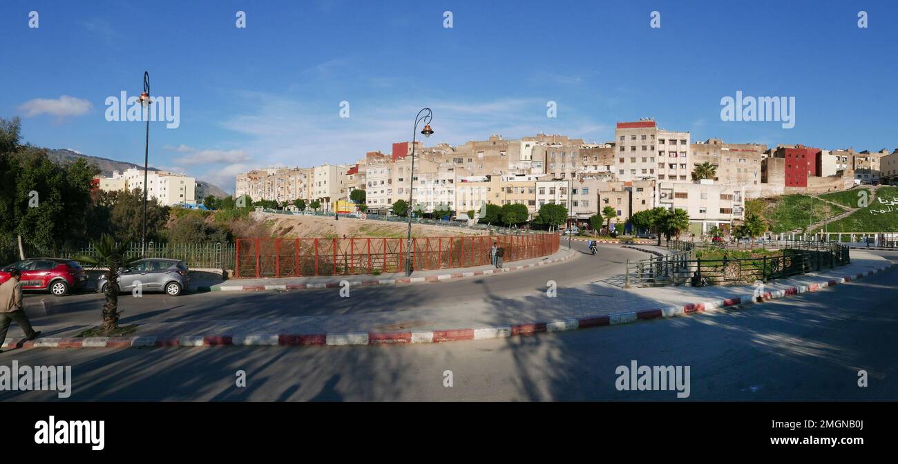 Fes was the Imperial Capital of Morocco this is panorama of new part of city overlooking the Medina ,the largest pedestrianised area in the world Stock Photo