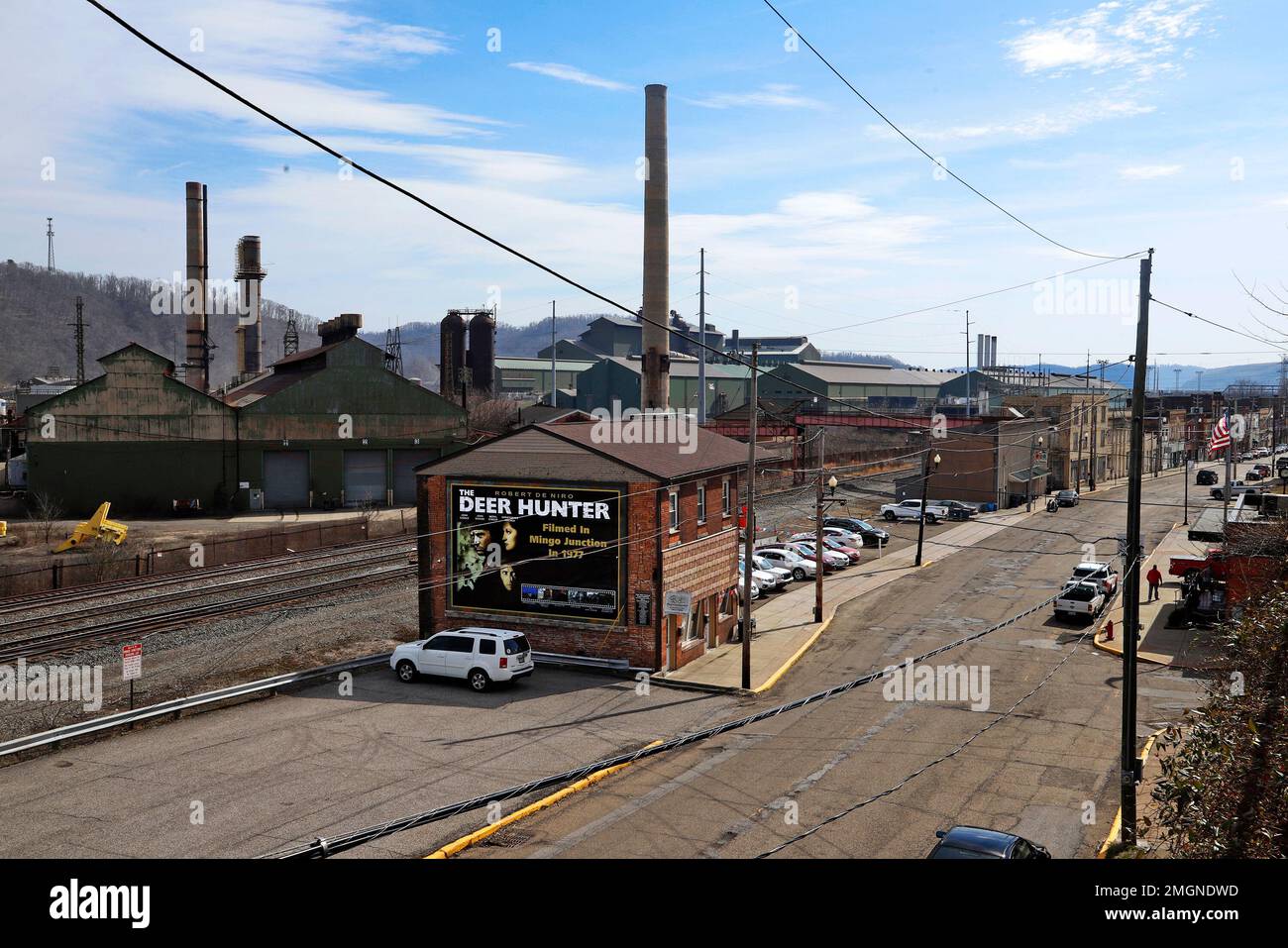 The U.S. arm of JSW Steel Limited, an Indian steel company, dominates downtown Mingo Junction, Ohio, along the Ohio River on, Monday, March 9, 2020. (AP Photo/Gene J. Puskar) Stock Photo