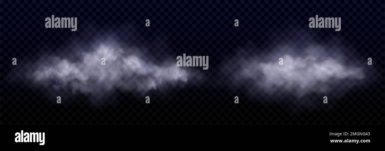 White clouds, fog or smoke in air or sky. Fluffy cumulus clouds isolated on transparent background, vector realistic illustration. Concept of weather, meteorology, climate Stock Vector