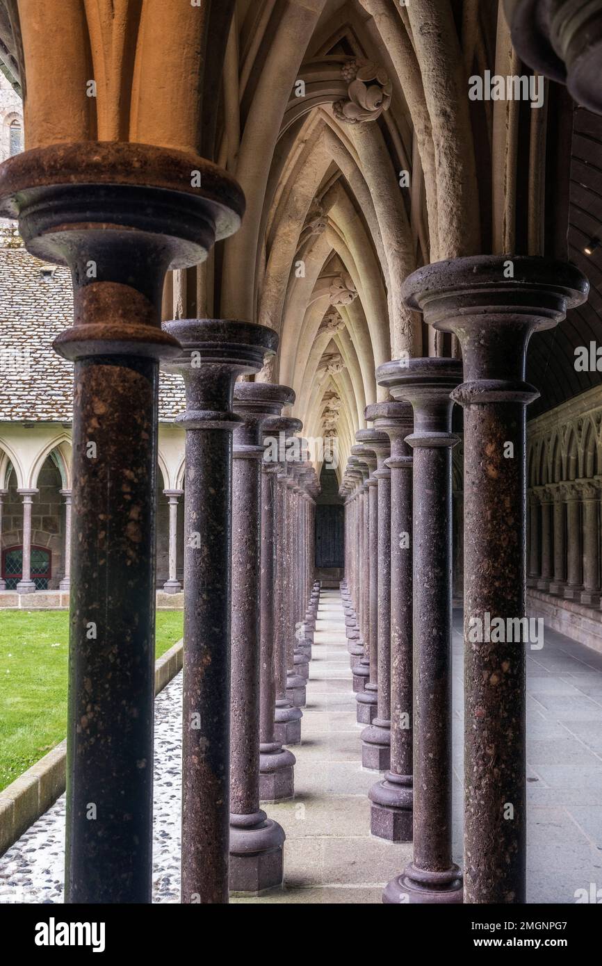 Lucerne puddingstone columns and Caen stone sculptures, cloister of Mont Saint Michel, France