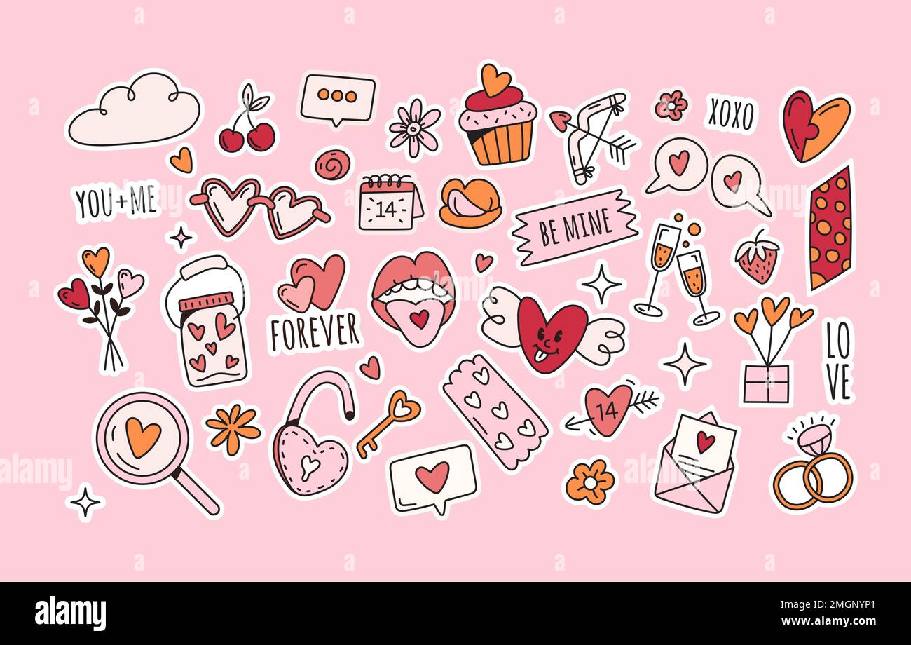 Vector valentines day stickers in doodle style on white background ...