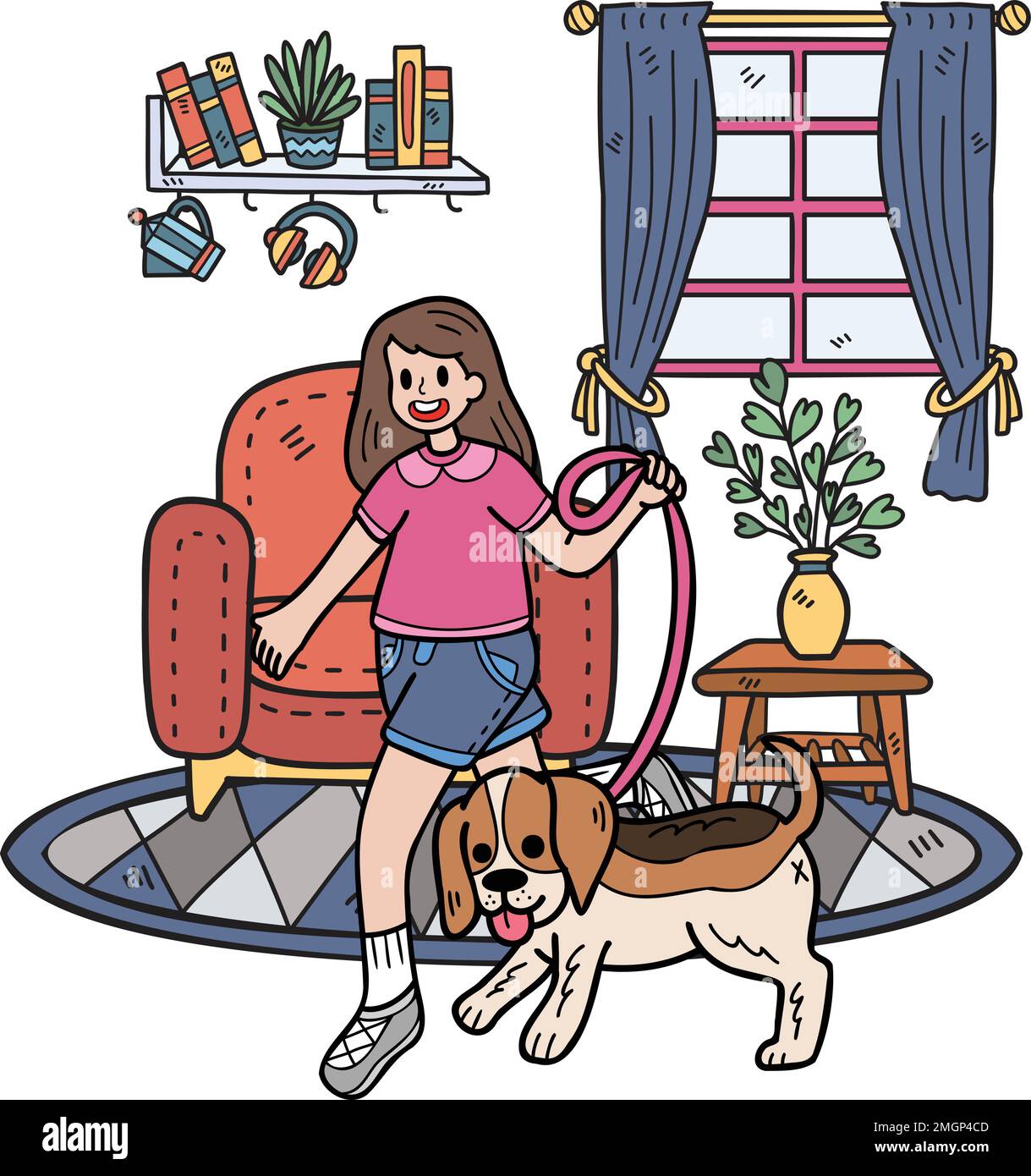 Hand Drawn The owner plays with the dog in the room illustration in