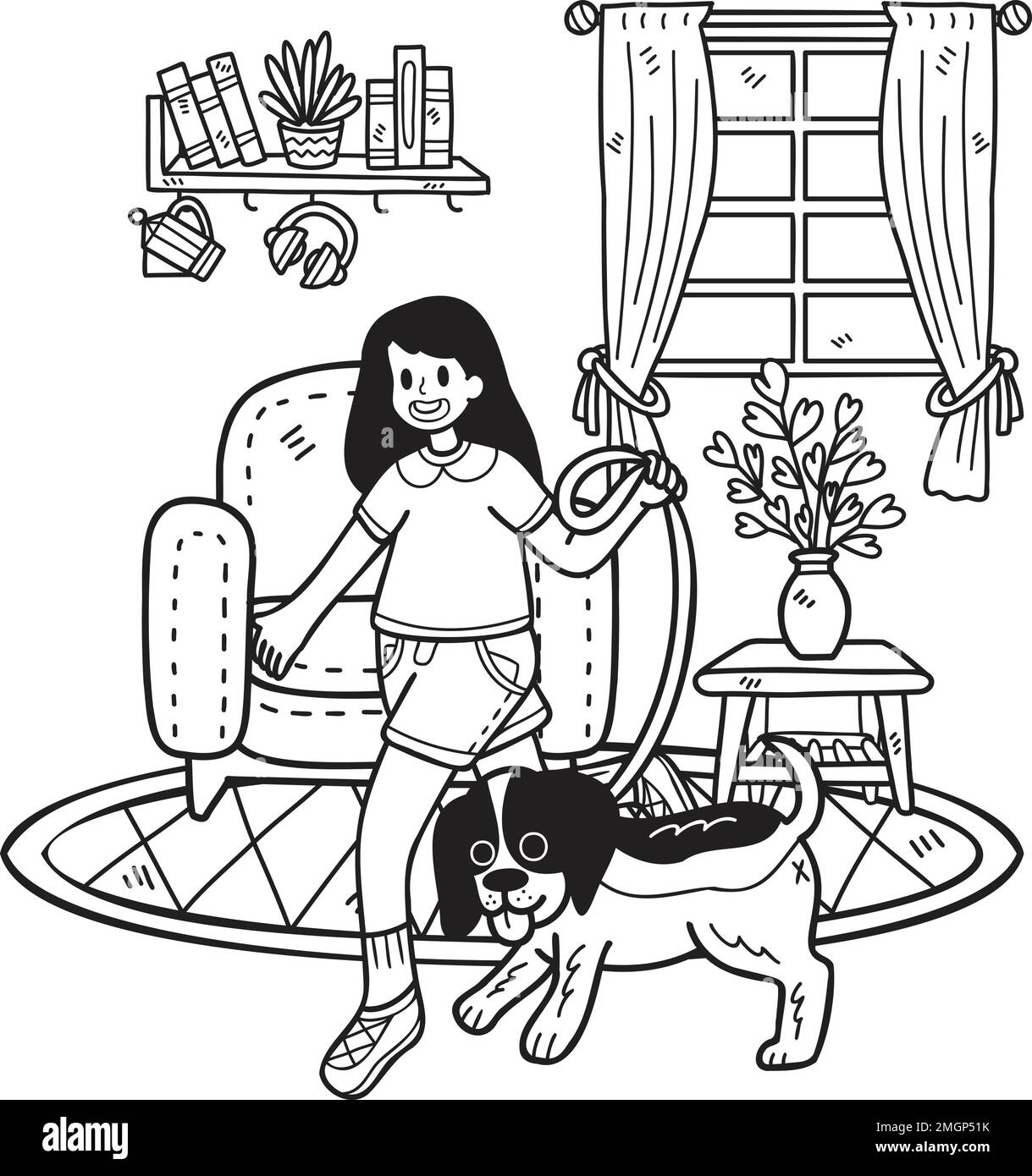 Hand Drawn The owner plays with the dog in the room illustration in