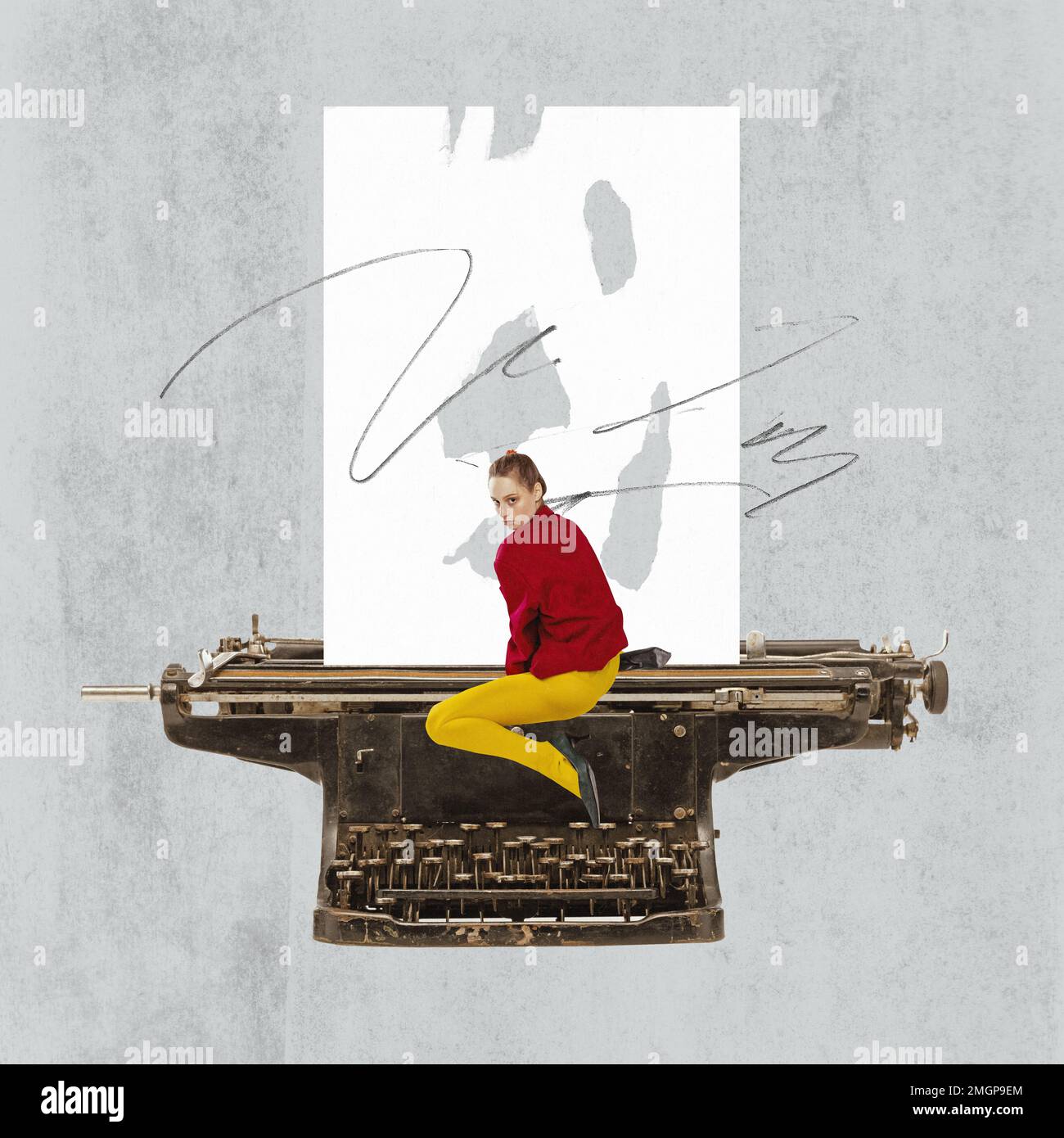 Contemporary art collage, modern design. Strange girl sitting on retro ...
