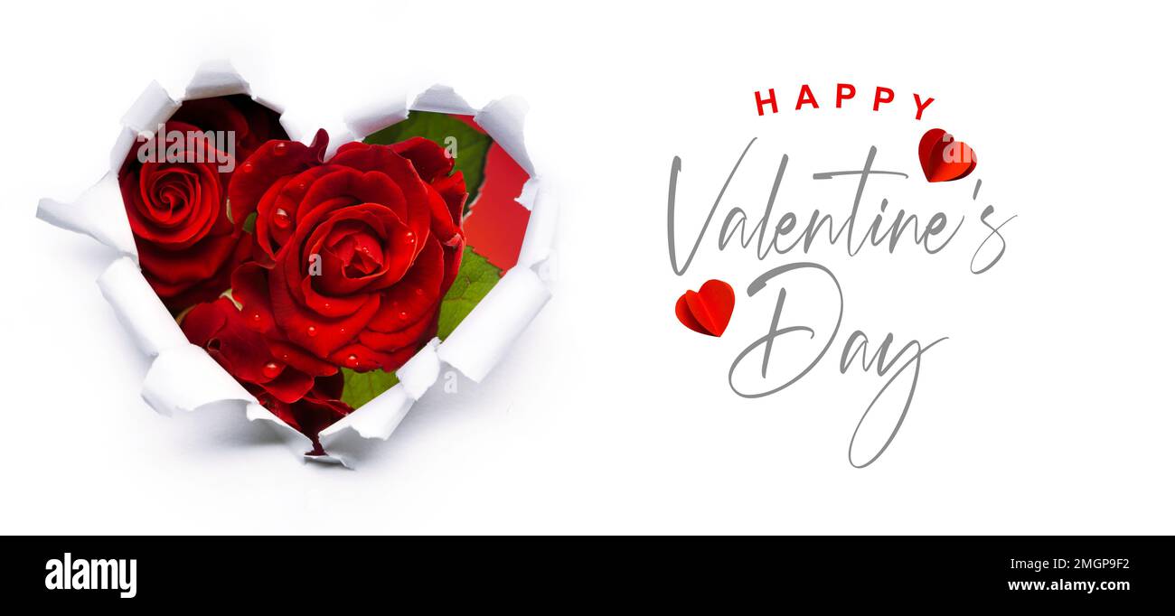 Art bouquet of red roses and the paper hearts on Valentine's Day ...