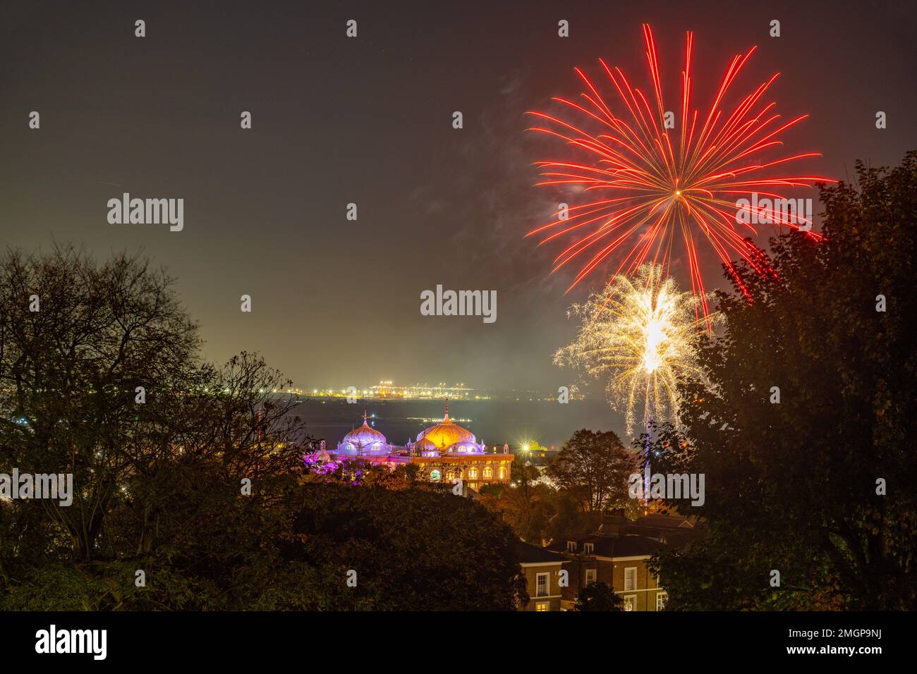 Gravesend fire works from Windmill Hill over the Sikh temple. Stock Photo