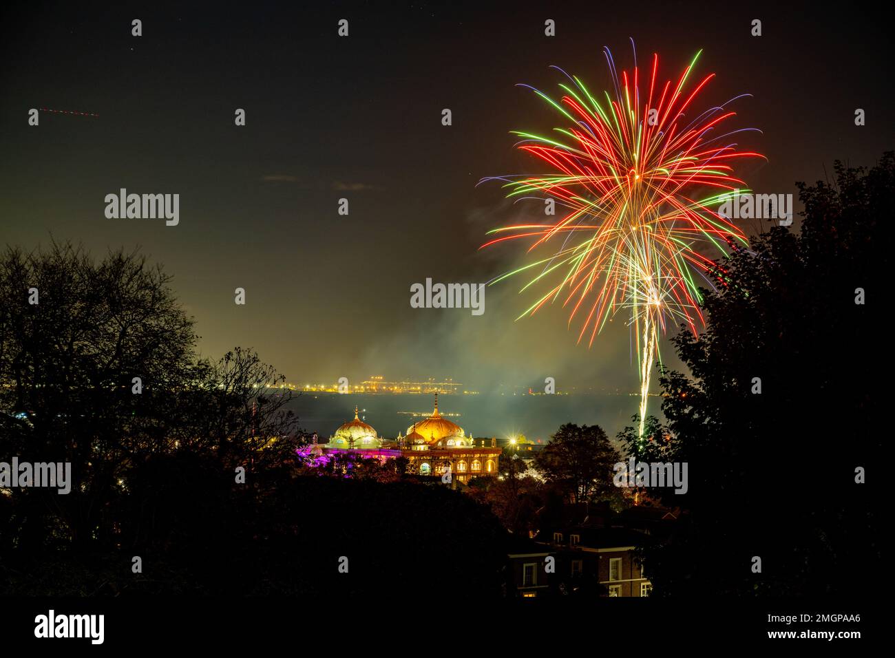 Gravesend fire works from Windmill Hill over the Sikh temple. Stock Photo