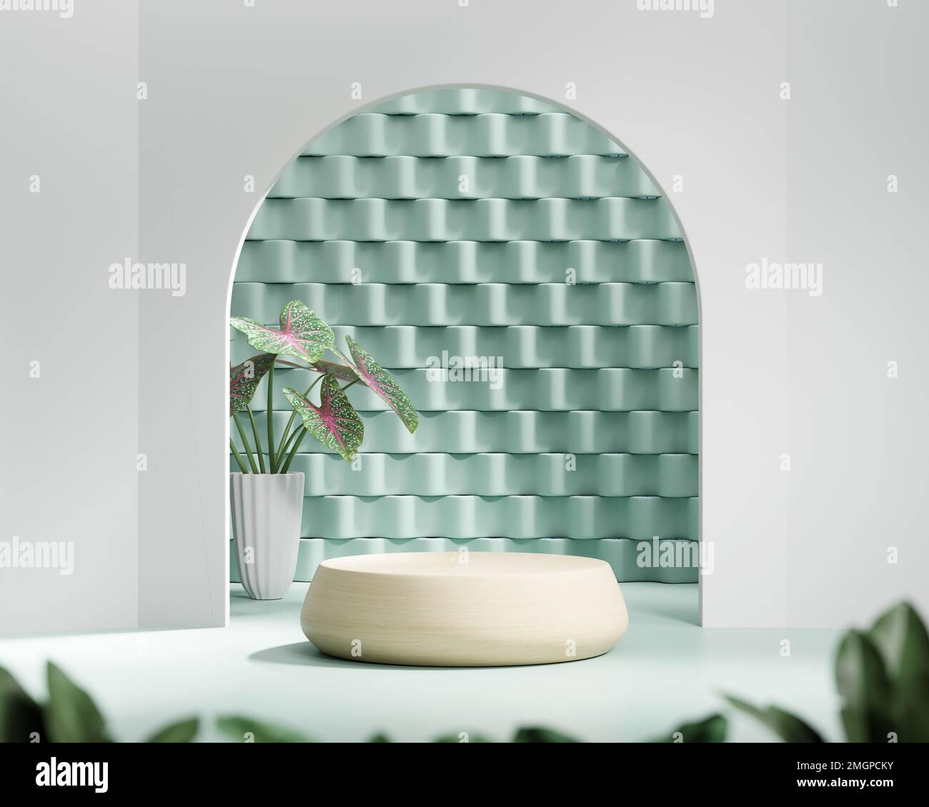 3D rendering platform podium with plant product presentation background ...