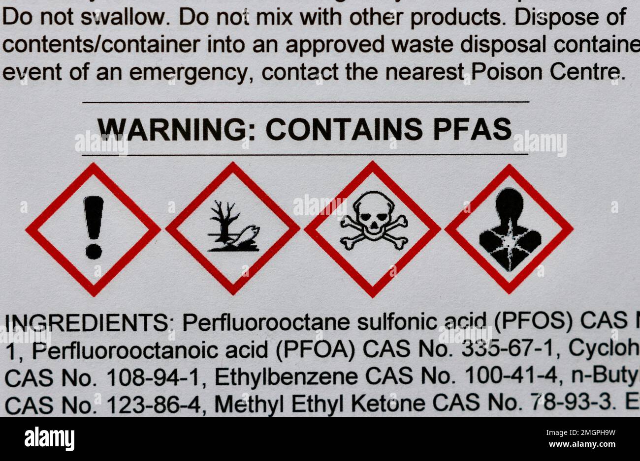 Warning on a Safety Data Sheet showing that the product contains PFAS substances, or forever chemicals. Standard chemical hazard pictograms are shown Stock Photo