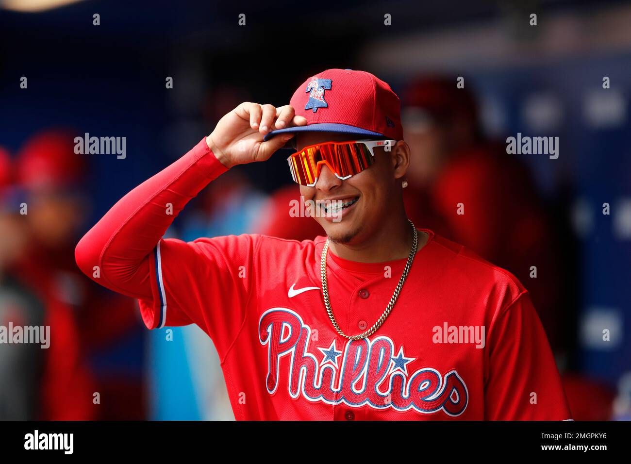 Philadelphia Phillies shortstop Arquimedes Gamboa is seen in the dugout
