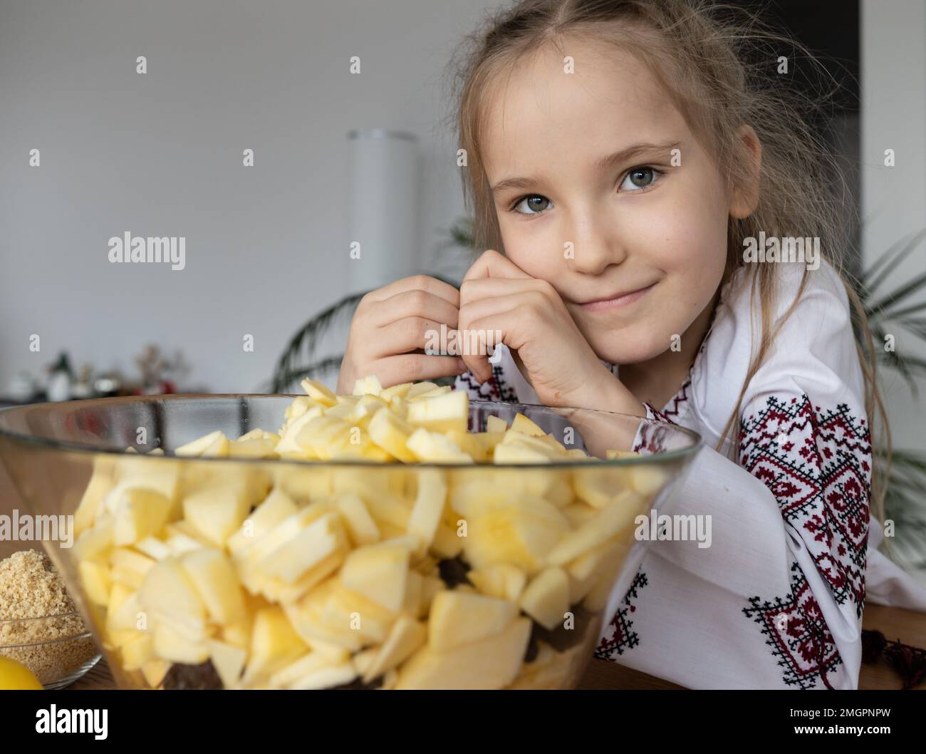 Portrait of a girl in a ukrainian shirt with a glass plate with sliced