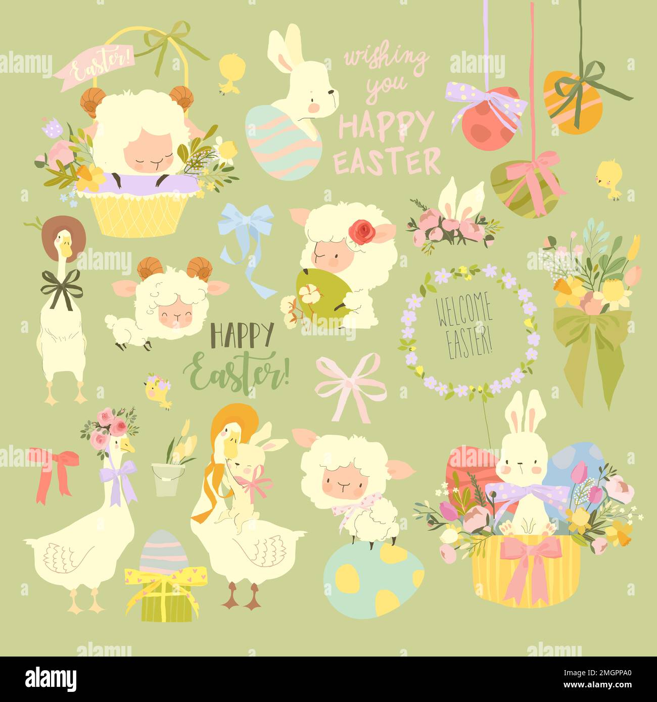 Easter Set with Cute White Bunnies, Gooses, Sheeps and Easter Eggs Stock Vector
