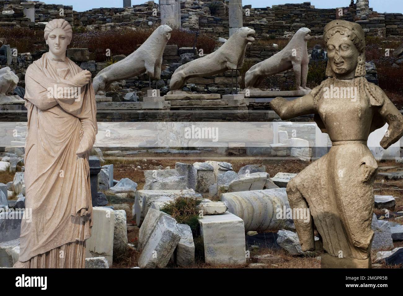 Ruins and marble statues on the island of Delos, Greece. Architecture of ancient Greece, it is one of the largest open-air museums of antiquity Stock Photo
