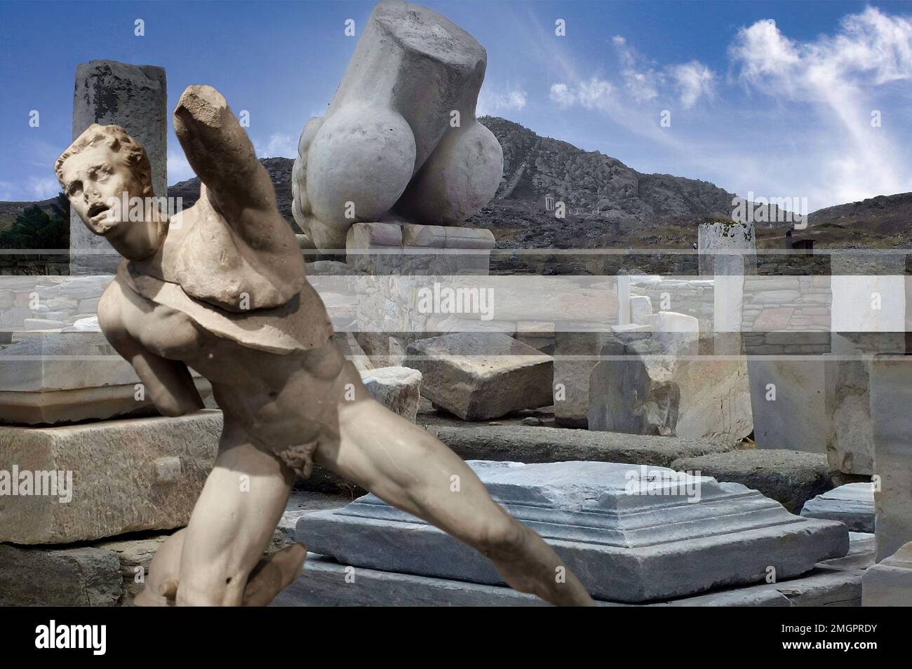 Ruins and marble statues on the island of Delos, Greece. Architecture of ancient Greece, it is one of the largest open-air museums of antiquity Stock Photo