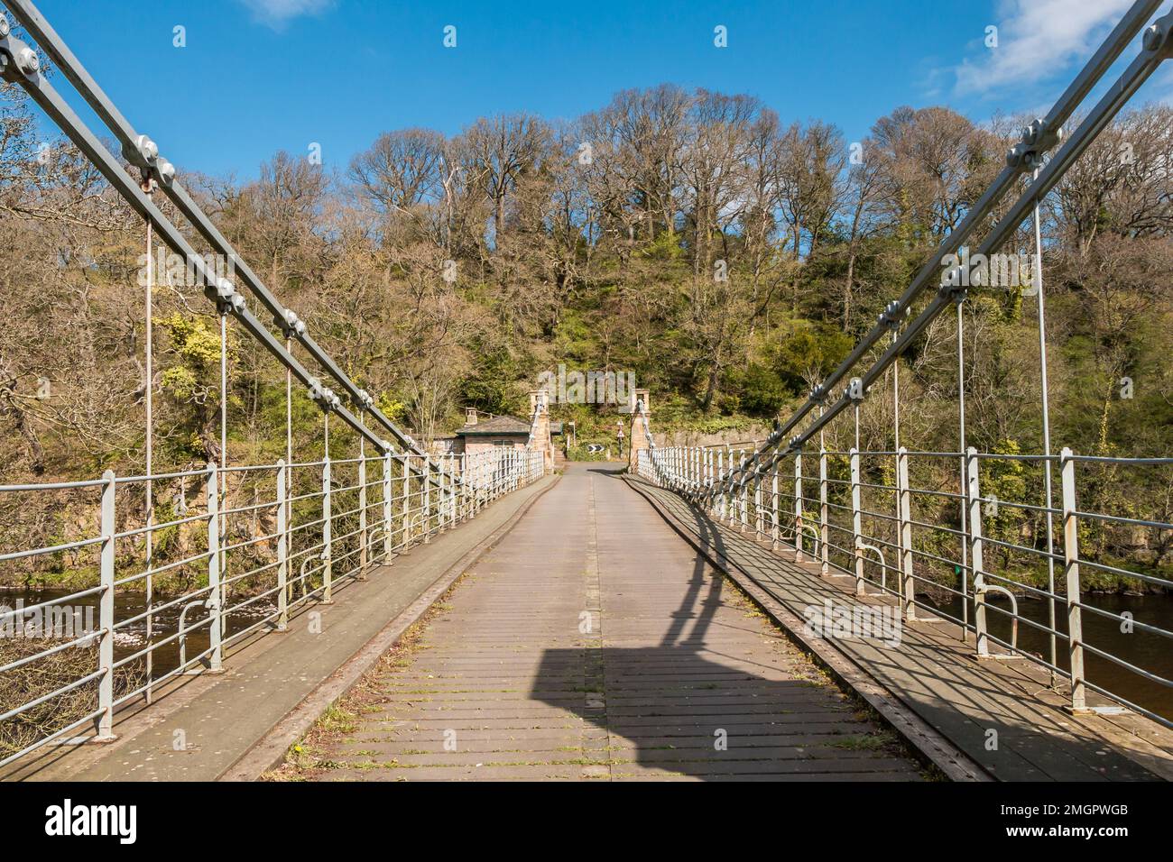 The Grade II* listed and scheduled ancient monument of Whorlton Suspension bridge over the River Tees, County Durham, UK Stock Photo