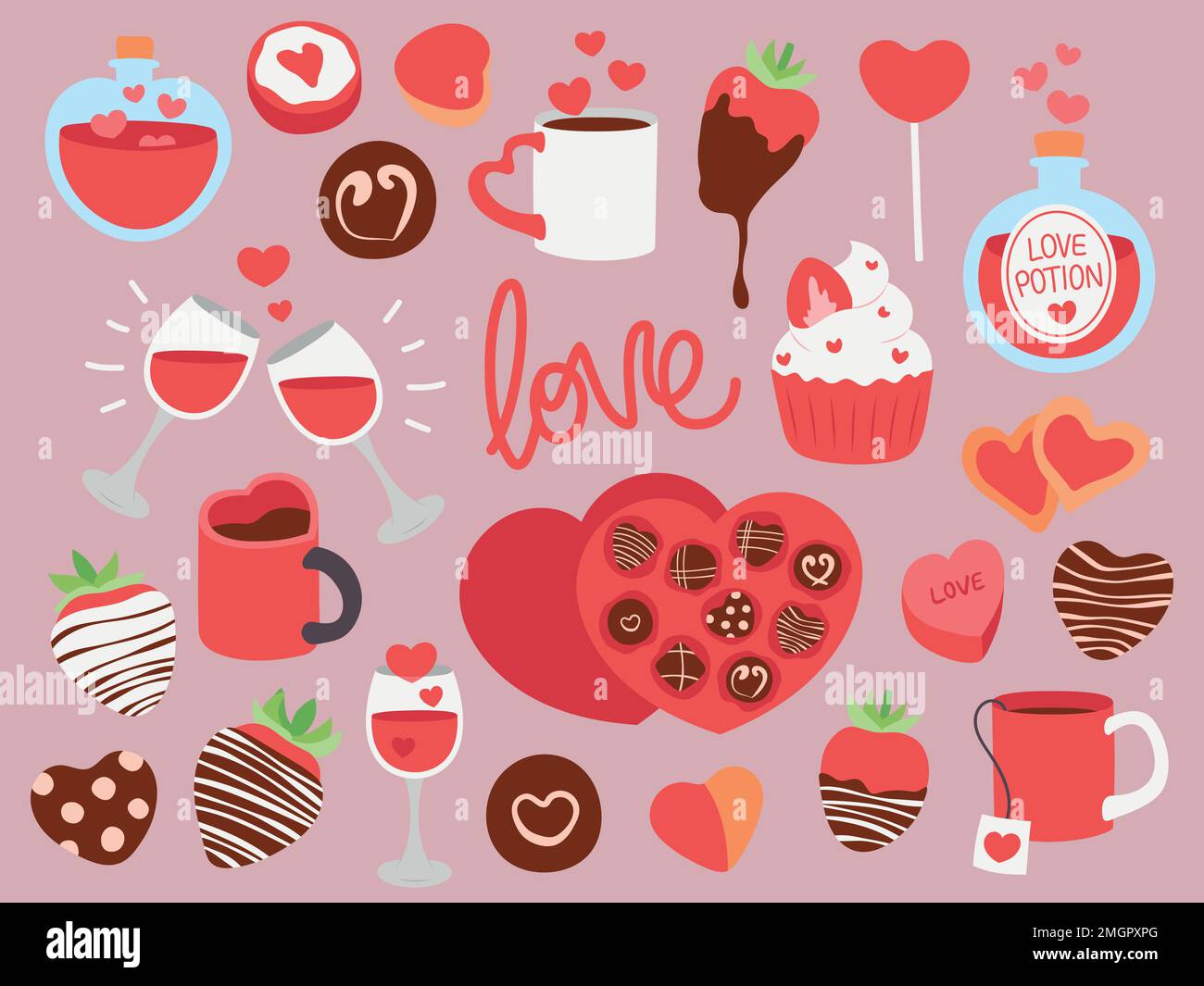 Collection of cute simple Valentine's Day related food, sweets and drinks. Colorful vector illustrations. Stock Vector