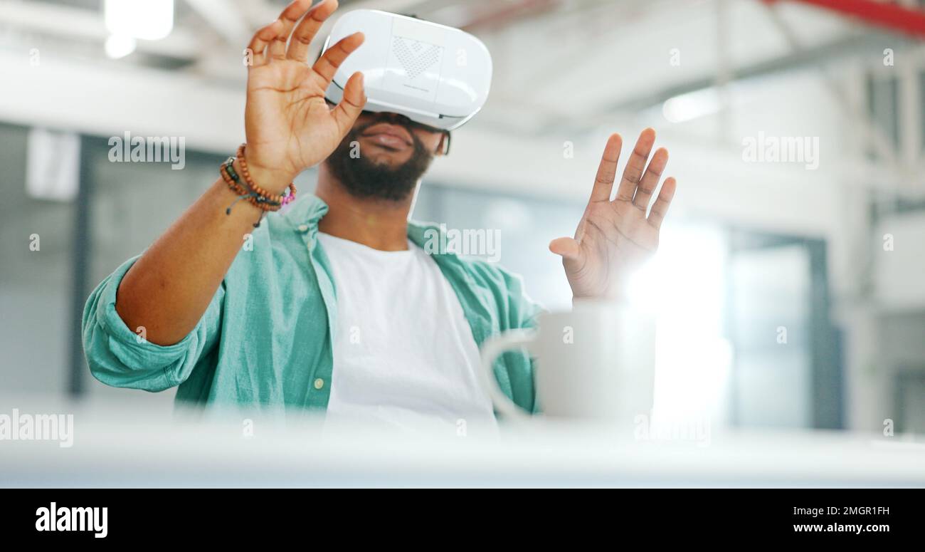 Virtual reality metaverse, augmented reality vr and black man work on ...
