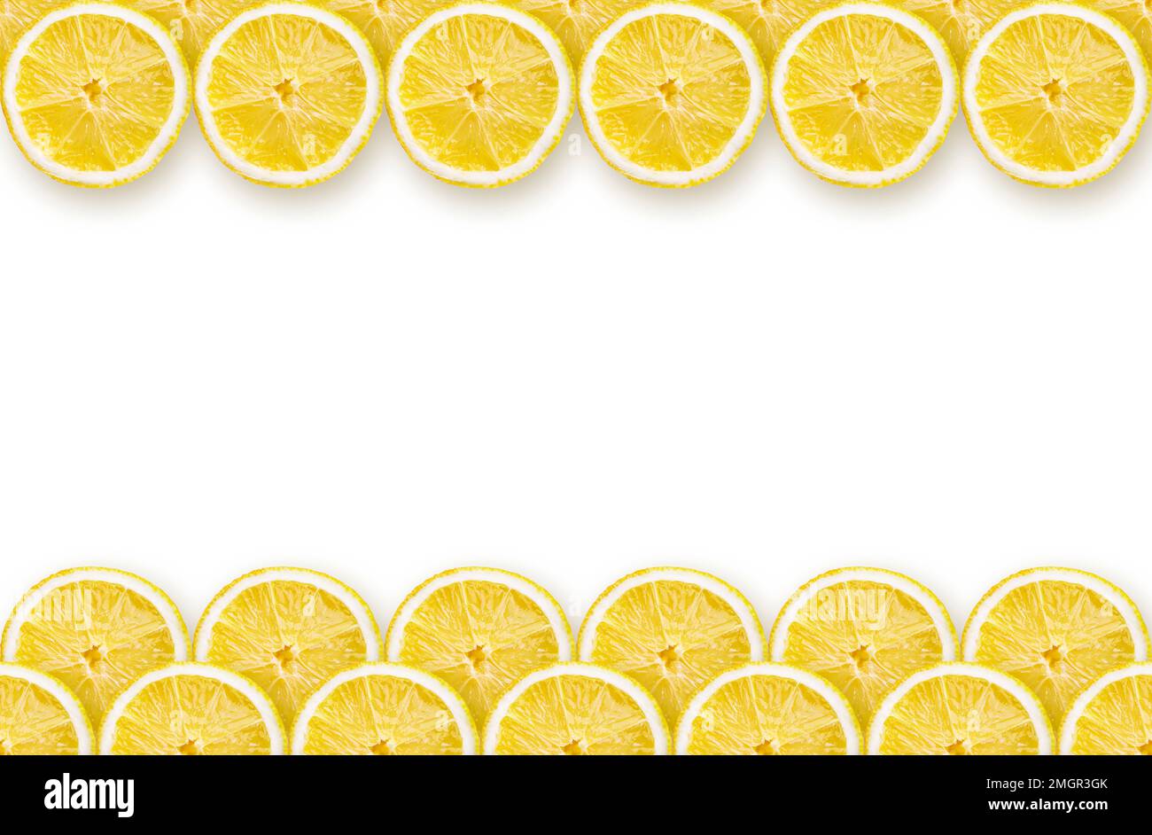 Horizontal Lemon blank white background arranged by many lemon slices from top and ...