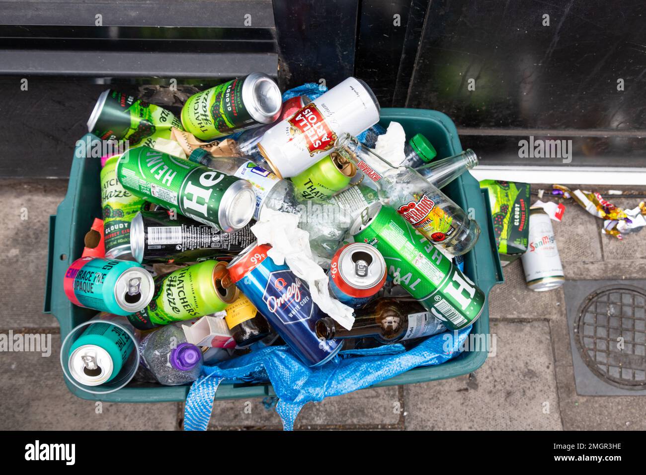 Recycling box containing aluminium cans, UK Stock Photo Alamy