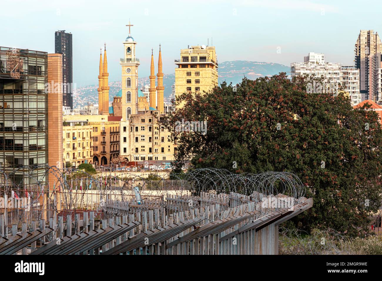 Beirut city skyline. Modern buildings, old buildings, military