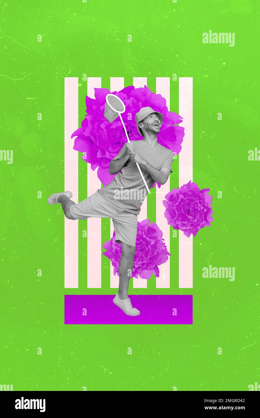 Collage poster artwork of excited positive guy wear funny hat trying catch butterfly net fresh painted purple flowers isolated on green background Stock Photo