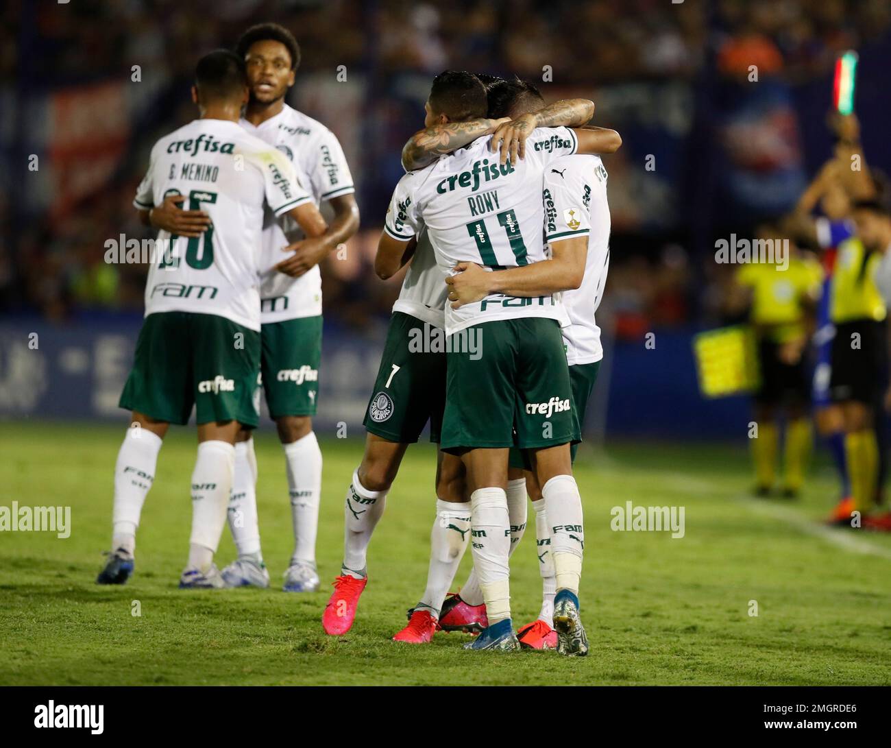 Rony of Brazil's Palmeiras heads the ball in an attempt to score during a  Copa Libertadores round of sixteen first leg soccer match against  Paraguay's Cerro Porteno in Asuncion, Paraguay, Wednesday, June