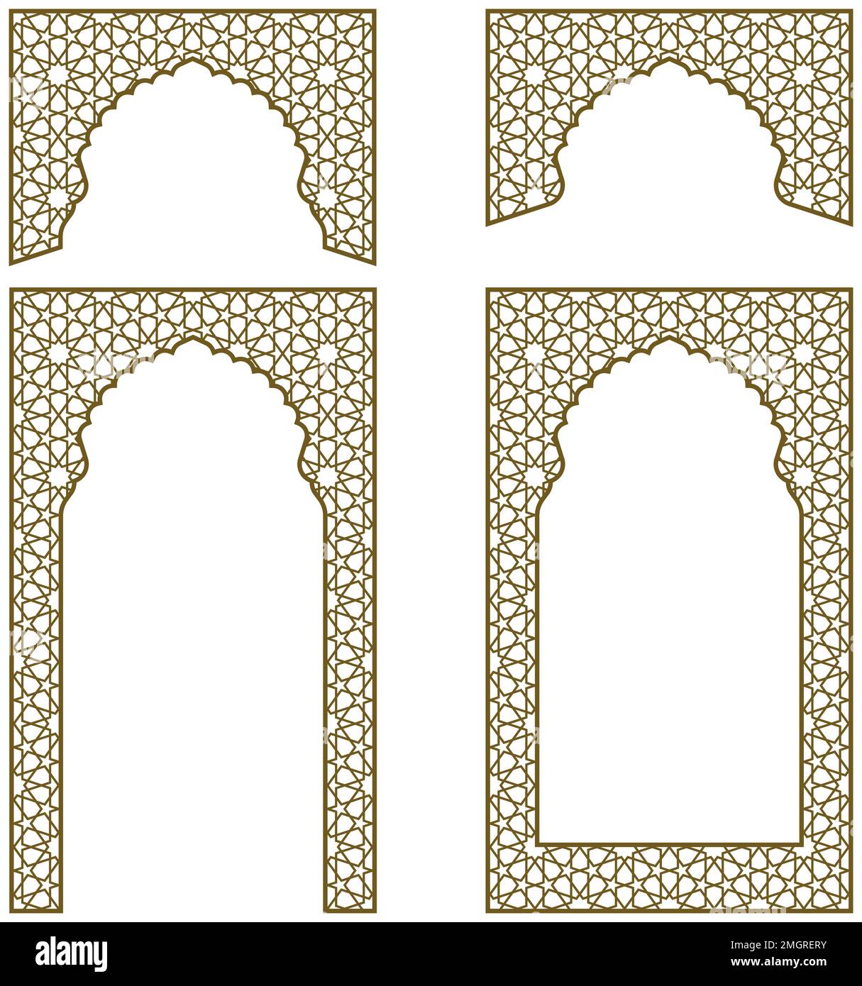 Arches, frames and additional design elements. Arabic geometric ornament.Brown color. Stock Vector