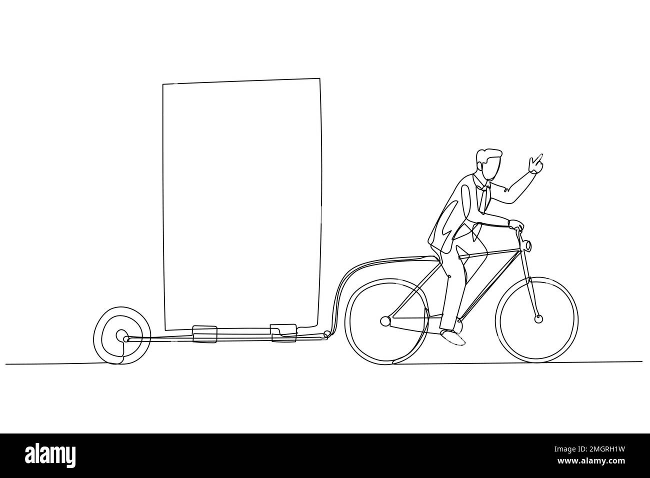 Drawing of businessman riding bicycle with billboard trailer concept of outdoor advertisement. Continuous line art Stock Vector