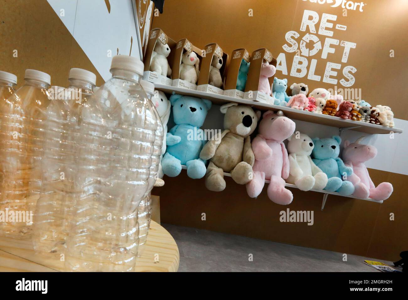 Re-Softables, a line of plus toys made from recycled plastic bottles, by  Headstart, Inc., are displayed at Toy Fair New York, in the Javits  Convention Center, Monday, Feb. 24, 2020. From Baby