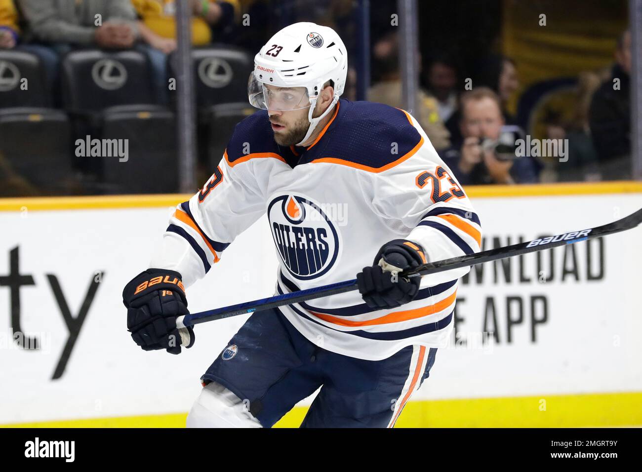 Edmonton Oilers center Riley Sheahan plays against the Nashville ...