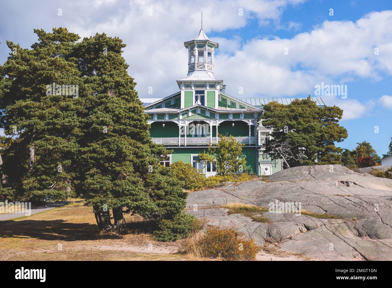View of Hanko town coast, Hango, Finland, with beach and coastal