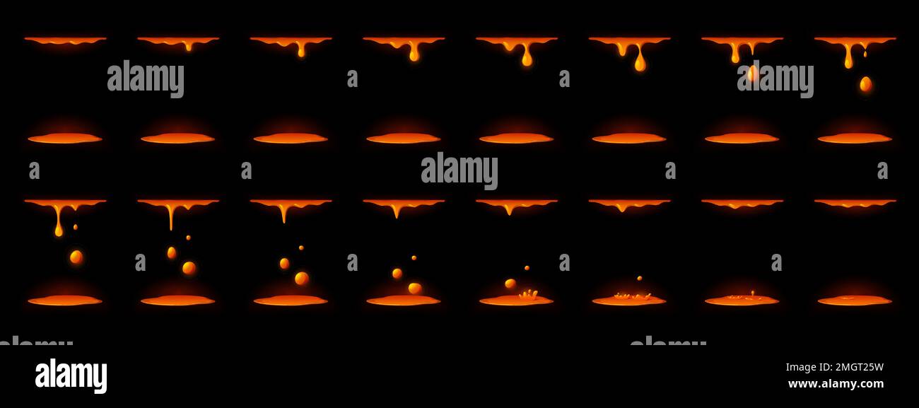 Falling liquid lava drops animation sprite sheet for 2d game. Hot molten magma drips down in puddle, vector cartoon storyboard isolated on black background Stock Vector