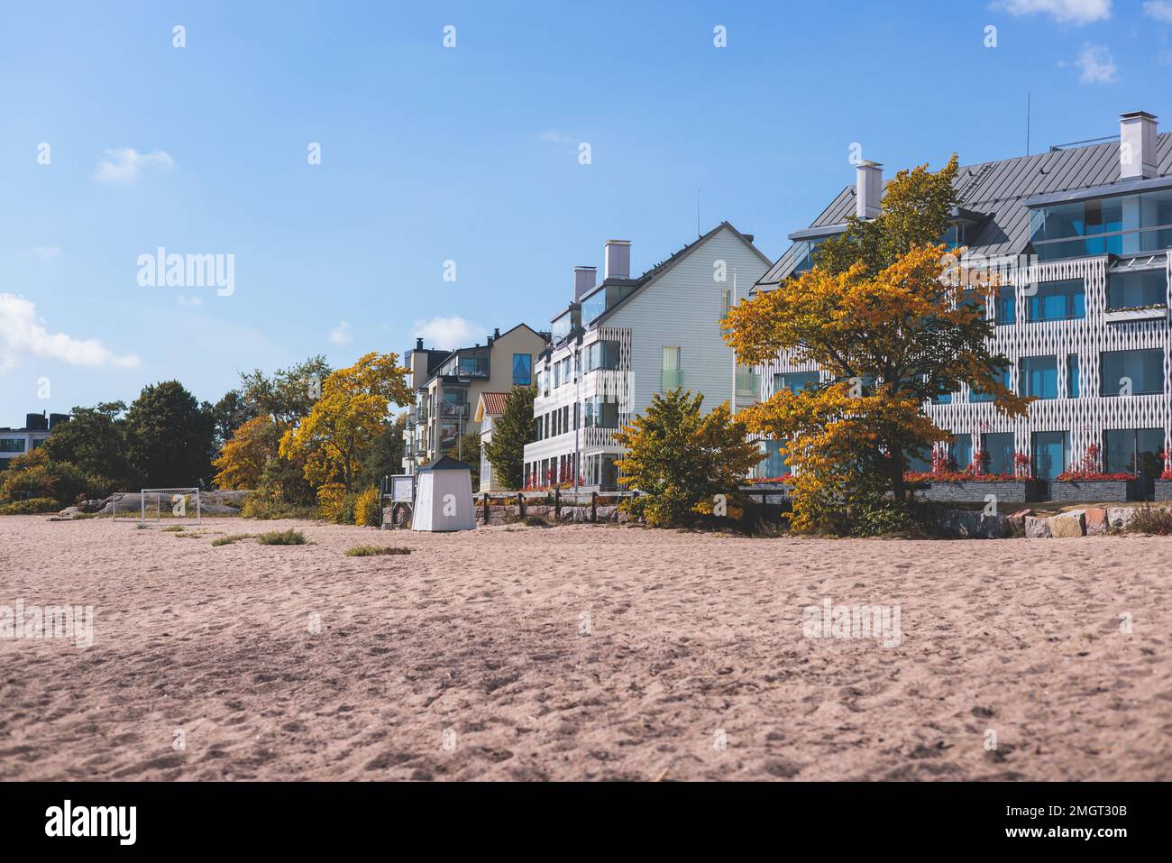 View of Hanko town coast, Hango, Finland, with beach and coastal