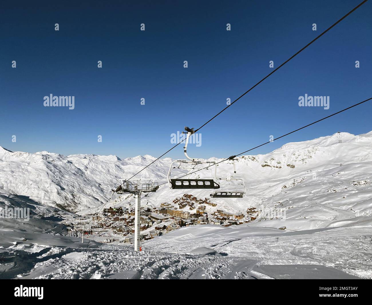 view of cable car and ski resort Val Thorens Stock Photo