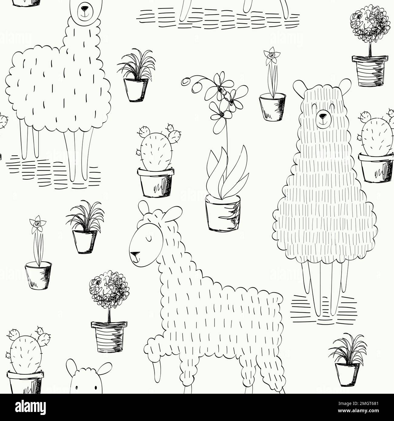 Vector seamless pattern with houseplants in pots and lamas Stock Vector ...