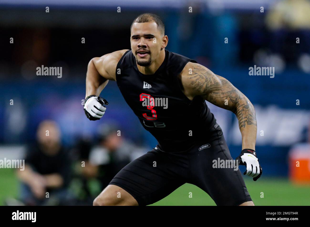 Wisconsin linebacker Zack Baun runs a drill at the NFL football