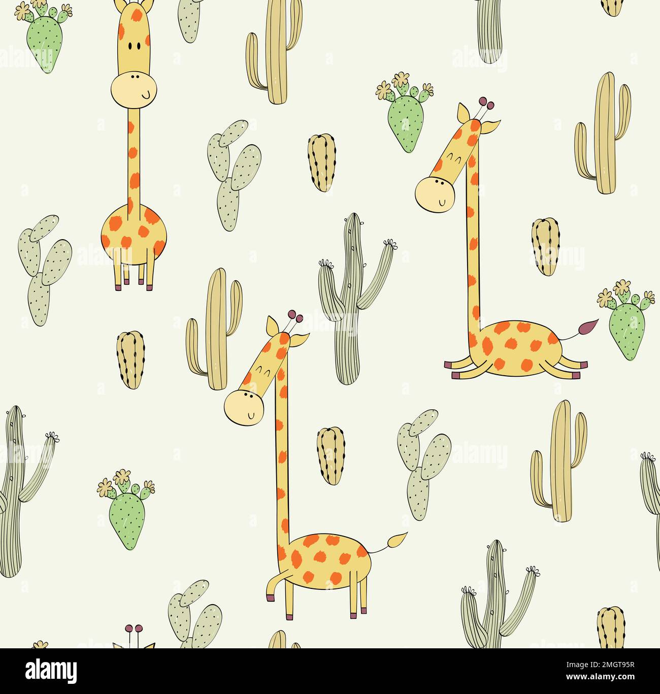 Vector hand drawn seamless pattern with cactuses and giraffes Stock ...