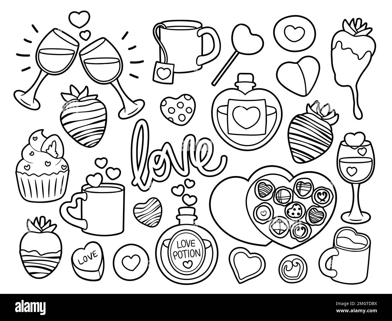 Collection of cute simple Valentine's Day related food, sweets and drinks. Black and white vector illustrations for coloring. Stock Vector