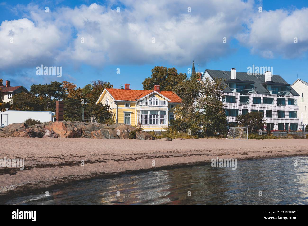 View of Hanko town coast, Hango, Finland, with beach and coastal waterfront, wooden houses and