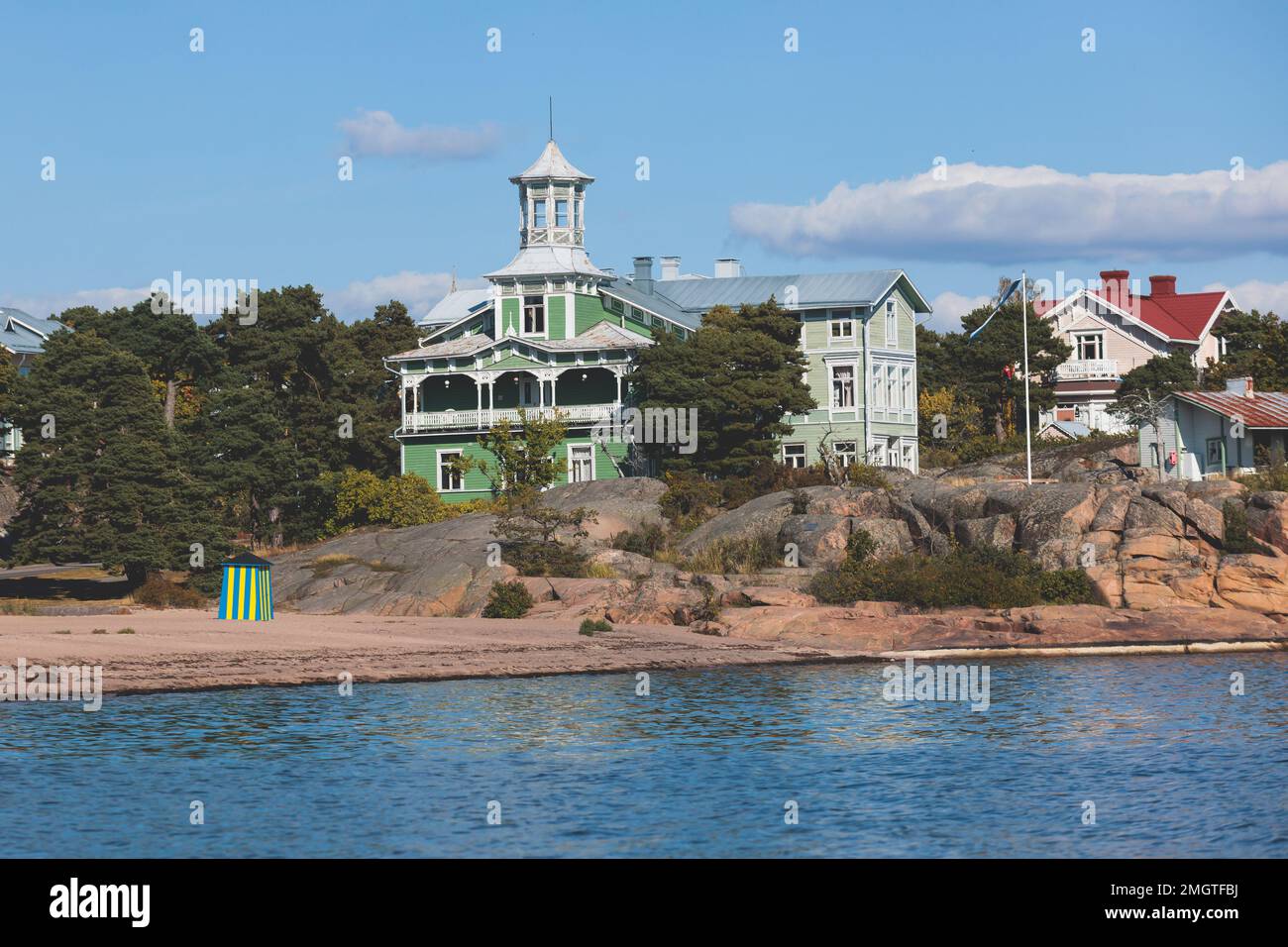 View of Hanko town coast, Hango, Finland, with beach and coastal