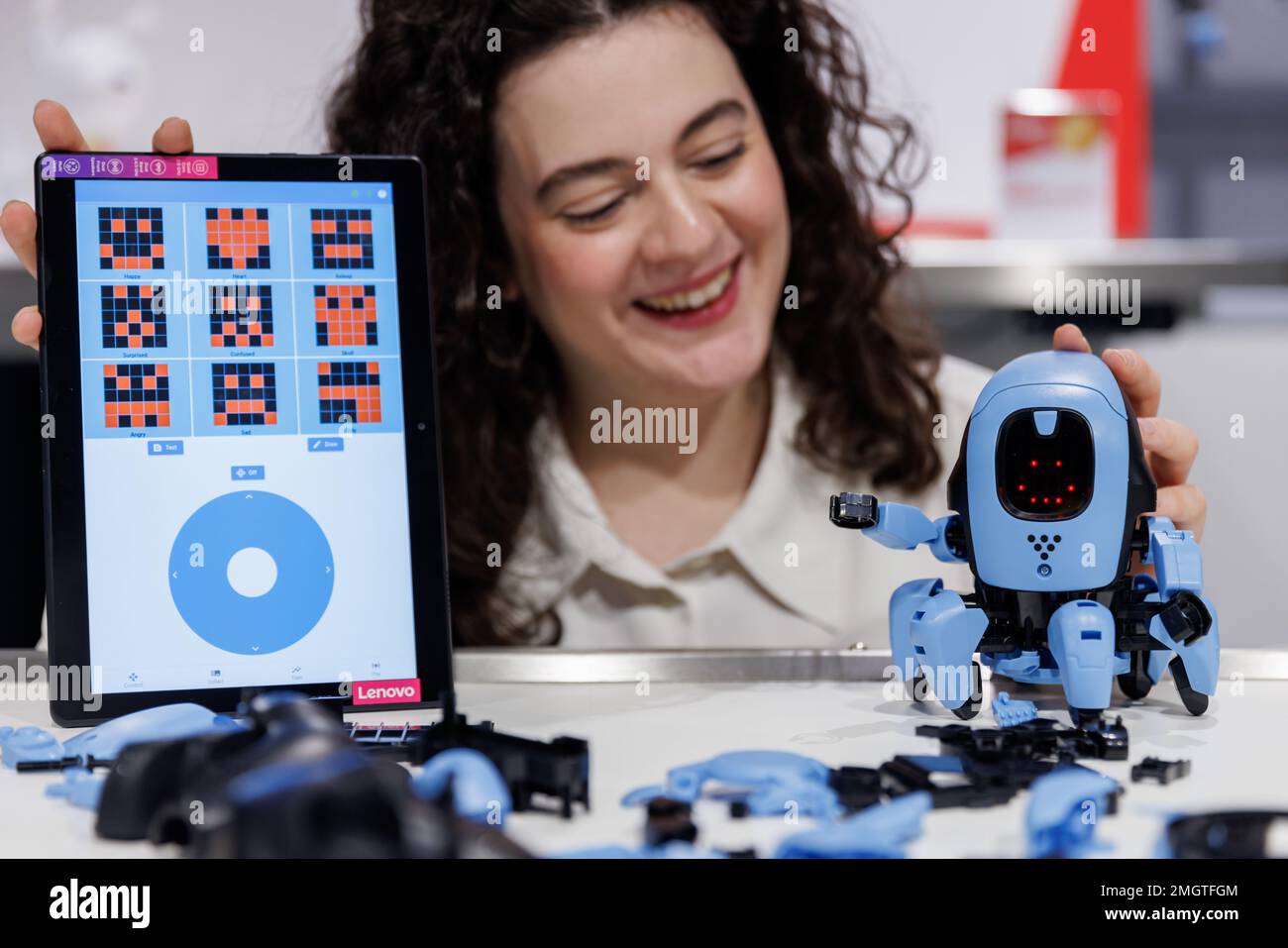 Nuremberg, Germany. 26th Jan, 2023. Katerina presents the Miika K.I. robot  from Franckh-Kosmos on the sidelines of the main press conference for the  72nd Spielwarenmesse at the Zukunftsmuseum in Nuremberg. The toy