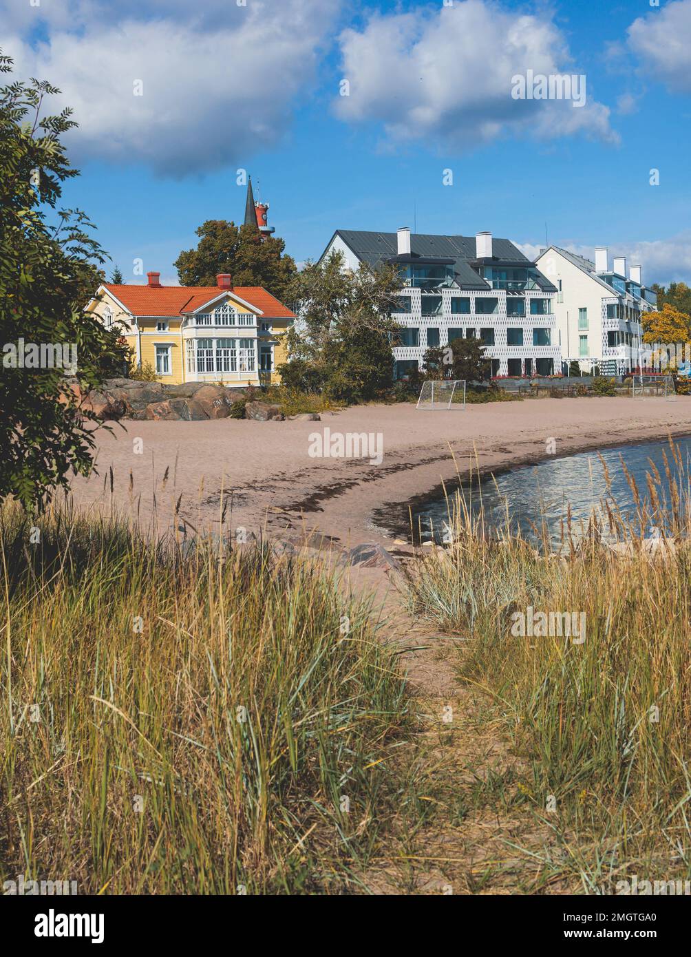 View of Hanko town coast, Hango, Finland, with beach and coastal