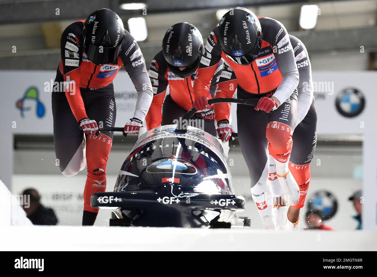 Team Timo Rohner, Roger Leimgruber, Joel Fearon and Maruan Giumma of  Switzerland start during the four-man bobsled first race at the Bobsleigh  and Skeleton World Championships in Altenberg, eastern Germany, Saturday,  Feb.