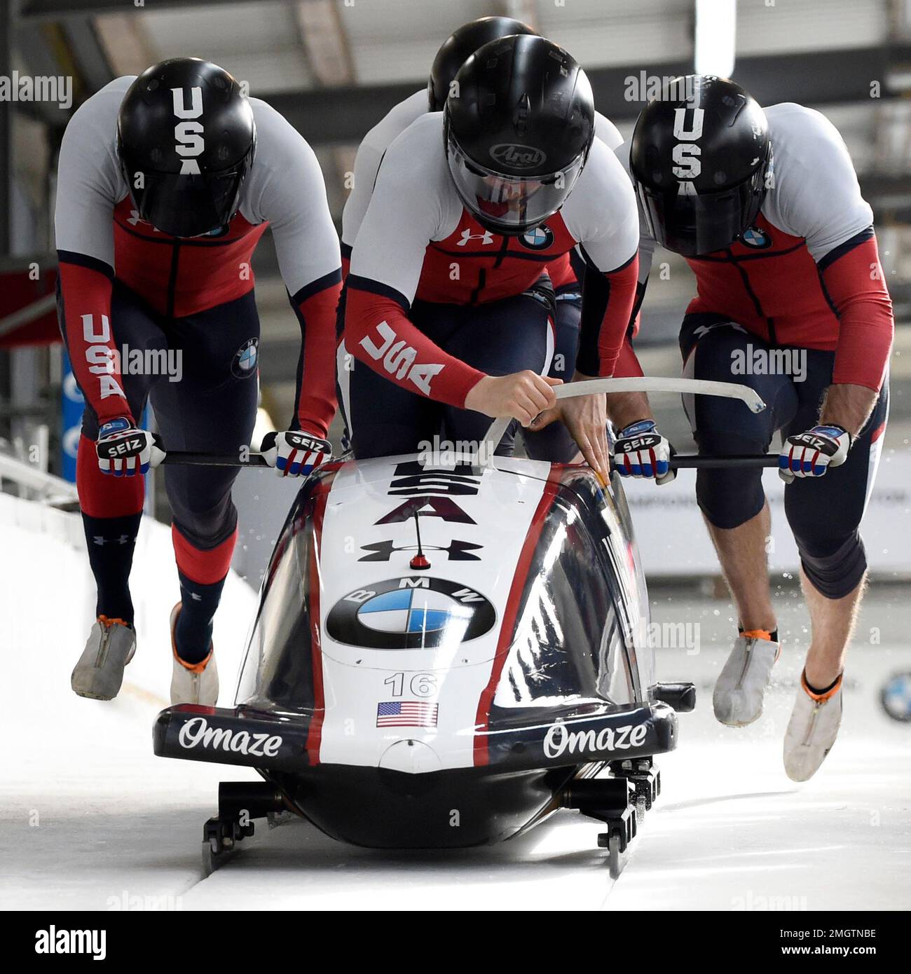 Team Hunter Church, Joshua Williamson, James Reed and Kristopher Horn of the United States start during the four-man bobsled first race at the Bobsleigh and Skeleton World Championships in Altenberg, eastern Germany,