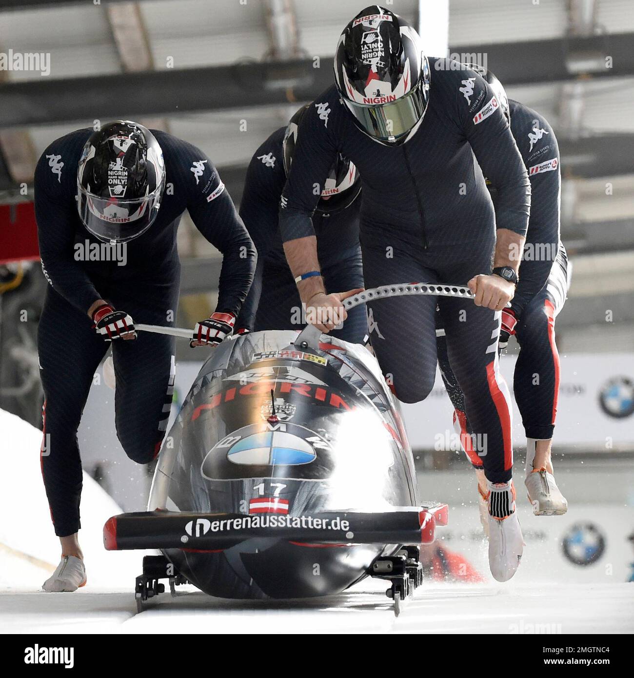 Team Benjamin Maier, Marco Rangl, Markus Sammer and Danut Ion Moldovan of Austria start during the four-man bobsled first race at the Bobsleigh and Skeleton World Championships in Altenberg, eastern Germany, Saturday,