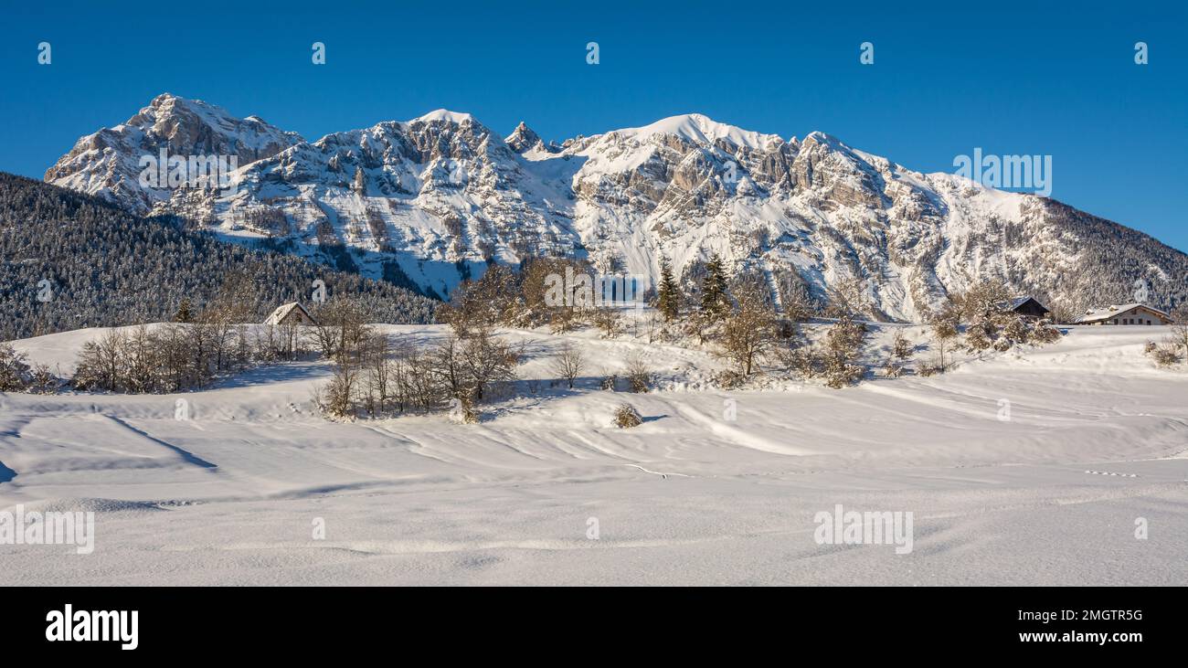 Beautiful winter mountain snow-covered landscape on sunny day. Andalo village, Adamello Brenta Natural Park, Trentino Alto Adige, northern Italy, Euro Stock Photo