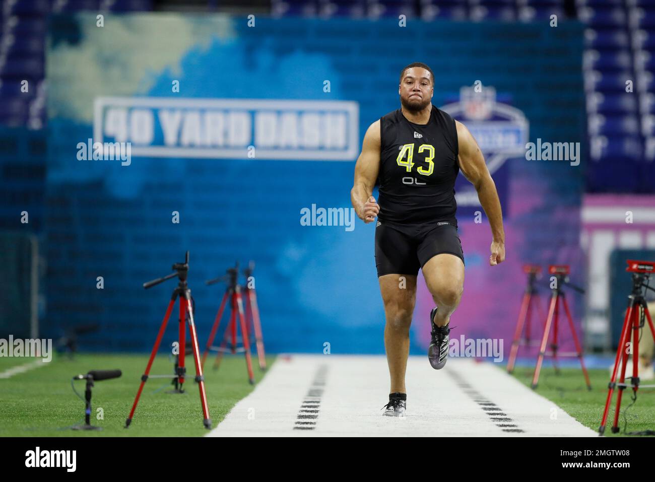 Texas Tech offensive lineman Terence Steele runs the 40yard dash at the NFL football scouting