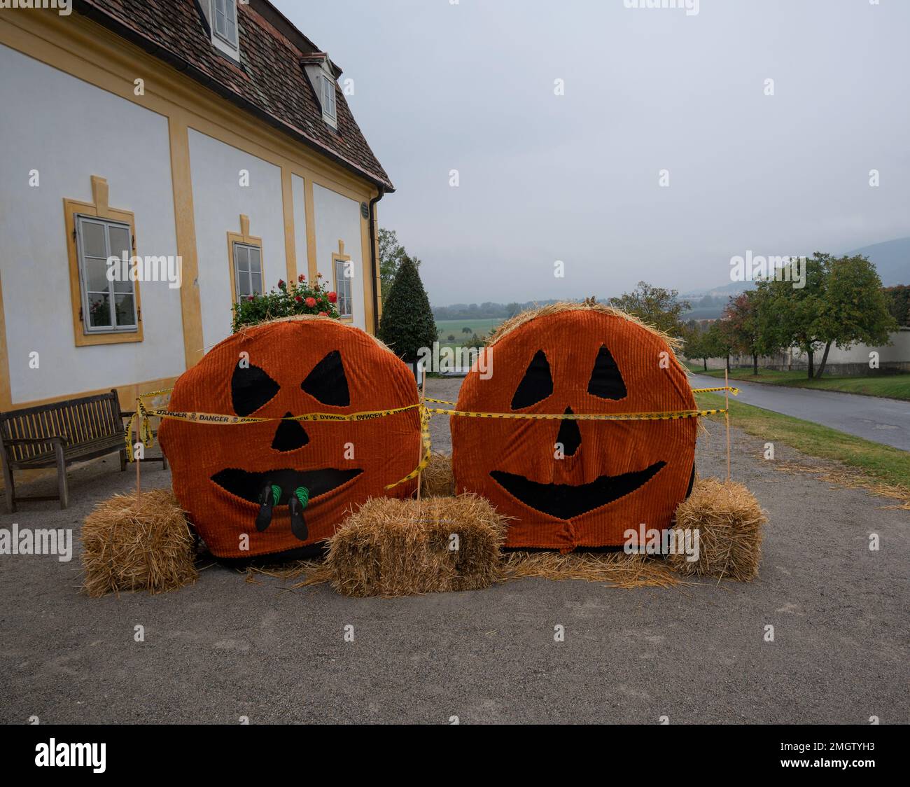 Halloween celebration pumpkins on display in the estate farm at the castle schloss Hof in Lower Austria established by Prince Eugene of Savoy Stock Photo