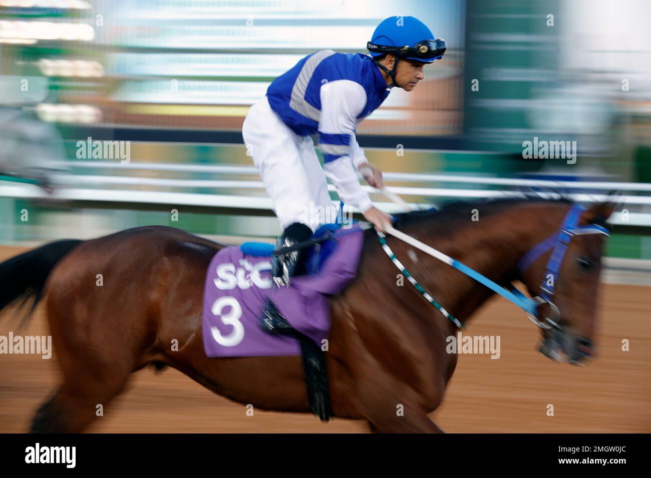 Jockey Mike Smith with his horse, Paris, reaches the finish line during